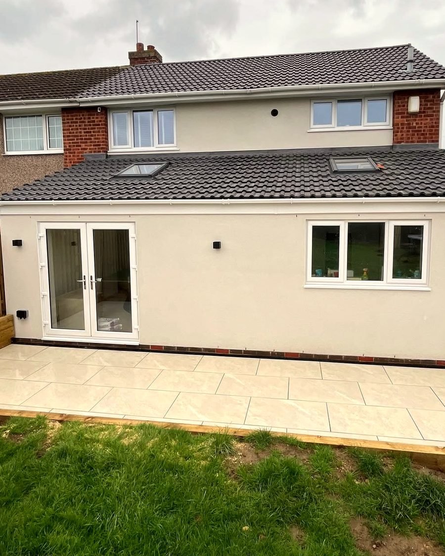 Finished rear extension in Leeds with bifold doors opening onto a new porcelain patio